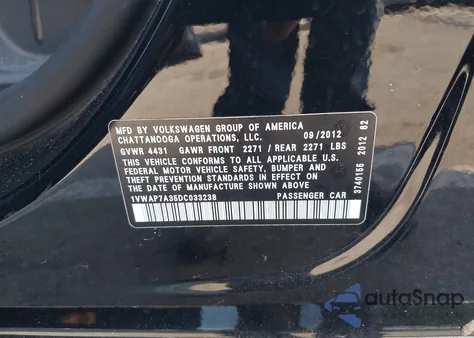 2013 Volkswagen Passat 2.5L S из США, поврежденный, VIN 1VWAP7A35DC033238